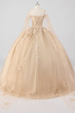 Principessa Champagne Off the Shoulder Maniche a mantella Tulle Abito Quinceanera con applicazioni