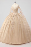 Principessa Champagne Off the Shoulder Maniche a mantella Tulle Abito Quinceanera con applicazioni