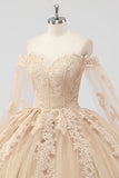 Principessa Champagne Off the Shoulder Maniche a mantella Tulle Abito Quinceanera con applicazioni