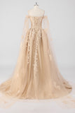 Principessa Champagne Off the Shoulder Maniche a mantella Tulle Abito Quinceanera con applicazioni