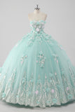 Principessa Mint Ball Gown senza spalline Tulle Quinceanera Dress con fiori 3D