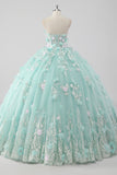 Principessa Mint Ball Gown senza spalline Tulle Quinceanera Dress con fiori 3D