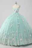 Principessa Mint Ball Gown senza spalline Tulle Quinceanera Dress con fiori 3D