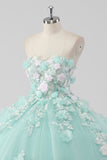 Principessa Mint Ball Gown senza spalline Tulle Quinceanera Dress con fiori 3D