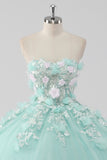 Principessa Mint Ball Gown senza spalline Tulle Quinceanera Dress con fiori 3D