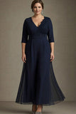 Abito mamma della sposa in chiffon scollo a V in linea blu navy con appliques