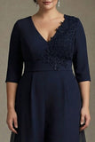 Abito mamma della sposa in chiffon scollo a V in linea blu navy con appliques