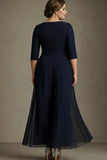 Abito mamma della sposa in chiffon scollo a V in linea blu navy con appliques