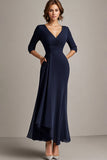 Navy A-Line Chiffon con scollo a V lungo madre dell'abito da sposa con mezze maniche