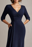 Navy A-Line Chiffon con scollo a V lungo madre dell'abito da sposa con mezze maniche