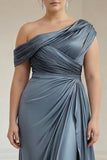 Abito della madre della sposa grigio taglie forti grigio blu con una spalla arricciata in raso