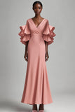 Grigio Rosa Mermaid Abito Lungo Madre con Scollo a V e Ruches