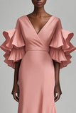 Grigio Rosa Mermaid Abito Lungo Madre con Scollo a V e Ruches