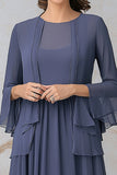 Elegante Grigio Blu A Line Madre Due Pezzi Set Dress