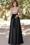 Sparkly Champagne nero A-Line paillettes Top maniche lunghe scollo a V lungo madre del vestito da sposa