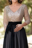 Sparkly Champagne nero A-Line paillettes Top maniche lunghe scollo a V lungo madre del vestito da sposa