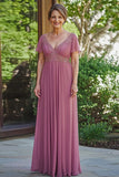 Sparkly Dusty Rose A-Line con scollo a V paillettes chiffon pieghe lunghe madre del vestito da sposa