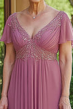 Sparkly Dusty Rose A-Line con scollo a V paillettes chiffon pieghe lunghe madre del vestito da sposa