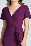Viola scuro sirena scollo a V maniche corte volant chiffon lungo madre del vestito da sposa