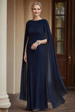 Flowy Navy Mermaid Chiffon Lungo Madre della Sposa Abito con Mantella
