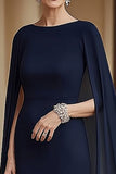 Flowy Navy Mermaid Chiffon Lungo Madre della Sposa Abito con Mantella