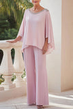 Sparkly Pink Flowy maniche lunghe in chiffon con perline madre della tuta da sposa