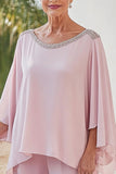 Sparkly Pink Flowy maniche lunghe in chiffon con perline madre della tuta da sposa