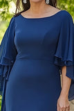 Navy Mermaid Ruffle Flowy 3/4 Maniche Chiffon Lungo Madre Abito Da Sposa