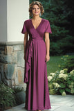 Viola sirena avvolgere maniche corte scollo a V volant chiffon lungo madre del vestito da sposa