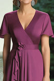 Viola sirena avvolgere maniche corte scollo a V volant chiffon lungo madre del vestito da sposa