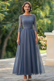 Dusty Blue A-Line 3/4 maniche pizzo top chiffon lungo madre del vestito da sposa