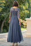 Dusty Blue A-Line 3/4 maniche pizzo top chiffon lungo madre del vestito da sposa