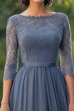 Dusty Blue A-Line 3/4 maniche pizzo top chiffon lungo madre del vestito da sposa