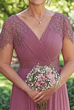 Sparkly Dusty Rose A-Line Wrap paillettes maniche corte chiffon lungo madre del vestito da sposa