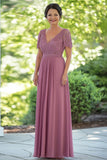 Dusty Rose Chiffon A Line V Neck Lace Madre del Vestito da Sposa con maniche corte
