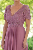 Dusty Rose Chiffon A Line V Neck Lace Madre del Vestito da Sposa con maniche corte
