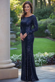 Elegante Navy paillettes scoop guaina lunga madre del vestito da sposa con maniche lunghe