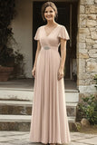 Elegante chiffon con scollo a V champagne madre dell'abito da sposa con maniche corte