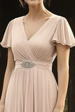 Elegante chiffon con scollo a V champagne madre dell'abito da sposa con maniche corte