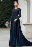 Navy raso pizzo scoop madre dell'abito da sposa con maniche lunghe
