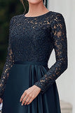 Navy raso pizzo scoop madre dell'abito da sposa con maniche lunghe