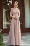Chiffon Scollo A V Champagne Madre della Sposa Abito con Maniche a 3/4