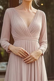 Chiffon Scollo A V Champagne Madre della Sposa Abito con Maniche a 3/4