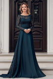 Elegante Navy Scoop A Line Satin Lace Madre dell'abito da sposa con maniche lunghe