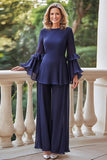 Navy chiffon girocollo lungo madre della sposa pantaloni abiti