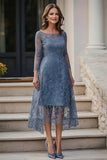 Dusty Blue Lace A-Line Maniche Lunghe Midi Madre Abito Da Sposa