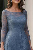 Dusty Blue Lace A-Line Maniche Lunghe Midi Madre Abito Da Sposa