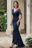 Navy scollo a V sirena raso lungo madre dell'abito da sposa