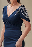 Navy scollo a V sirena raso lungo madre dell'abito da sposa
