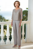 Grigio Chiffon Girocollo 2 Pezzi Madre della Sposa Pantalone Abiti con Perline